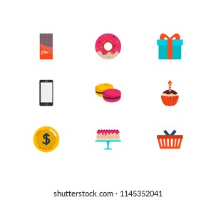 Present icons set. Phone and present icons with cupcake, money and donut. Set of telephone for web app logo UI design.
