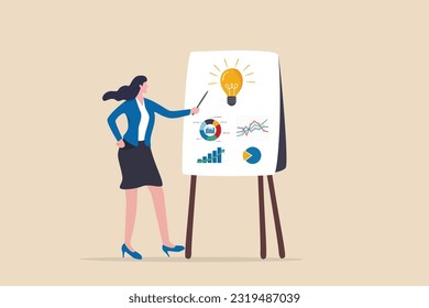 Present idea, explain solution or strategy, intelligence information, business insight for new opportunity, optimization concept, businesswoman presenting new lightbulb idea with graph and chart.