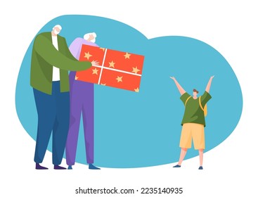 Present for kid, vector illustration, flat grandparent woman man character giving gift box to child boy, family grandmother grandfather