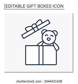 Present line icon. Gift box with teddy bear inside. Birthday congratulation, surprise in box. Celebration. Gift box concept. Isolated vector illustration. Editable stroke