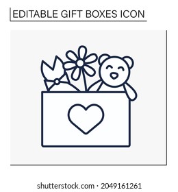 Present line icon. Gift box with teddy bear, fashion dress and flower. Birthday congratulation, surprise in box. Celebration. Gift box concept. Isolated vector illustration. Editable stroke