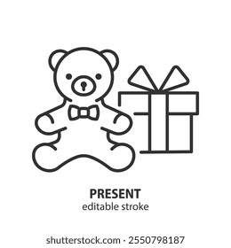 Present line icon. Toy bear and gift box symbol. Editable stroke. Vector illustration.