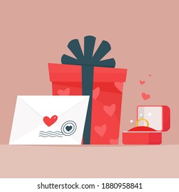 Present for a loved one on Valentine's Day - gift box, ring and envelope. Vector illustration in flat style