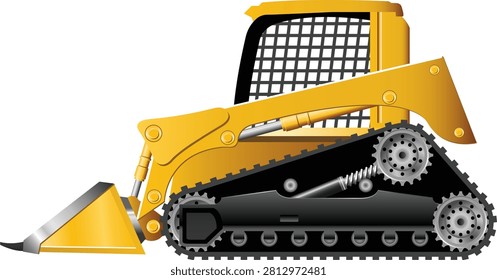 Present modern earthmoving technology with this Compact Track Loader Heavy Construction Machine Vector Illustration, a professionally designed vector graphic featuring a versatile tracked loader created for construction, landscaping, agriculture, excavation, material handling, infrastructure development, and industrial applications. The illustration showcases a compact loader equipped with continuous rubber tracks, hydraulic lift arms, reinforced front bucket, enclosed operator compartment, durable chassis, and realistic mechanical details. Designed with clean vector styling and industrial accuracy, this artwork is ideal for engineering presentations, equipment catalogs, contractor branding, educational publications, technical documentation, commercial advertising, websites, mobile applications, brochures, magazines, posters, presentations, editorial publishing, digital marketing, and infrastructure communication.

Compact track loaders are among the most adaptable machines used throughout modern construction and land management. Their compact dimensions, powerful hydraulic systems, excellent traction, and exceptional maneuverability enable operators to work efficiently in confined areas while maintaining impressive lifting capability. These machines are widely recognized for performing demanding tasks across commercial, residential, agricultural, municipal, and industrial environments.

The illustration features a durable tracked undercarriage, reinforced loader arms, heavy-duty front bucket, enclosed operator station, protective safety frame, hydraulic cylinders, balanced engineering proportions, realistic mechanical components, and contemporary industrial styling. Crisp vector artwork, bold construction colors, refined structural details, and professional design create an attractive visual suitable for technical manuals, engineering publications, educational materials, promotional campaigns, equipment advertising, and business presentations.