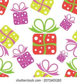 Present. Multicolored boxes of surprises with bows. Seamless pattern. Vector image for birthday and holidays. 