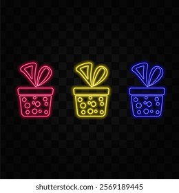 Present neon light icon Gift store glowing sign Vector isolated illustration isolated on brick wall backgorund.