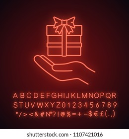 Present neon light icon. Glowing sign. Open hand with gift box. Giving, getting gift. Vector isolated illustration