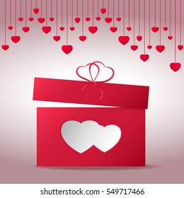 Present on Valentine's Day.  Red gift box with hearts. Vector illustration