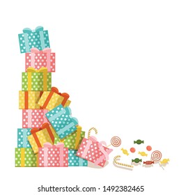 A lot of present, one broke, scattered candy and candy