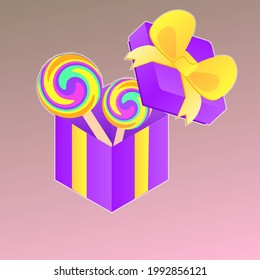 Present Opened Box With Bow Lollipops Sweets  Purple Icon For Game Magic Kingdom Fantasy Lovely Golden Treasure Cartoon Vector Design
