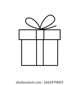 Present outline vector icon, a simple line art drawing of a gift box with a ribbon for celebration, birthday, and holiday themes.