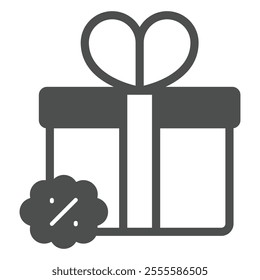 Present package with discount solid icon, shopping interest concept. Vector graphics. Gift box percent bow sign on white background, glyph style icon for mobile or web design