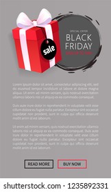 Present package, surprise, shopping concept poster. Special advert on Black Friday, wrapped gift box with price tag, November total sale advert vector
