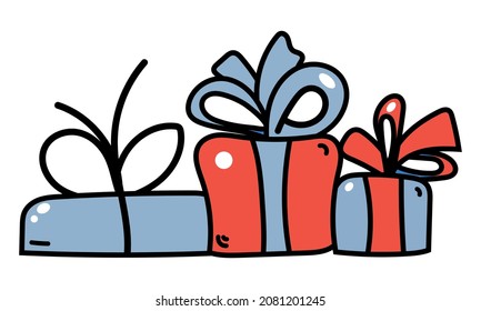 Present Packages Doodle Vector Illustration. Hand drawn, Comic.