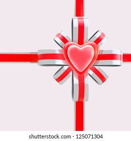 Present packing ribbons and bow with red glossy heart decoration, eps10 vector background