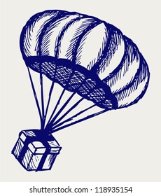 Present and parachute falling from the sky. Doodle style
