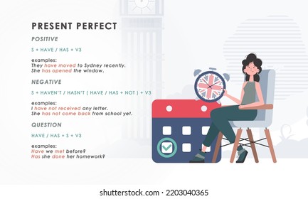 Present perfect. Rule for the study of tenses in English. The concept of teaching English. Trend character style. Illustration in vector.