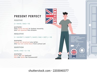 Presente perfecto. Regla para el estudio de los tiempos en inglés. El concepto de aprender inglés. El carácter plano y el estilo moderno. Ilustración en vector.