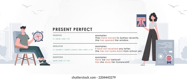 Present perfect. Rule for the study of tenses in English. The concept of learning English. Trend character style. Illustration in vector.