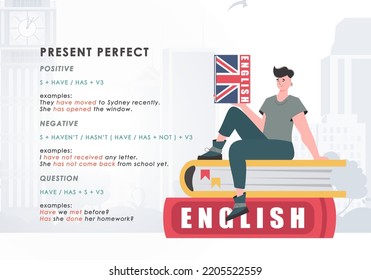 Present perfect. Rule for the study of tenses in English. The concept of learning English. Trend character flat style. Vector.