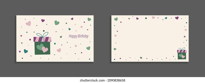 Present postcard horizontal holiday cards. doodle style. Gift box hearts, stars and circles. 