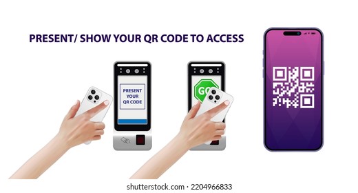 Present QR code and get Access. Show the QR code for access authentication. QR Code and Mobile Access Control. Mobile credentials. Mobile access control solution. Vector.