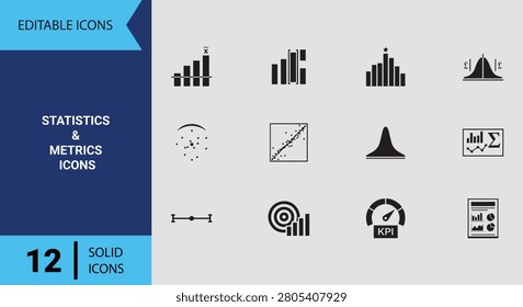 Present quantitative scientific research elegantly with this statistics metrics solid icon collection highlighting mathematical variables complex charts and structural data plots