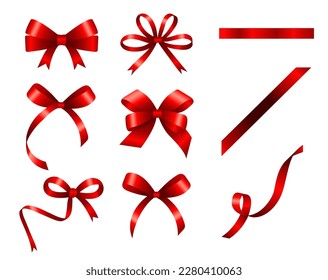 Present red bow. Gift box package redding ribbon bows, holiday decoration wraps, realistic gifting design graphics isolated