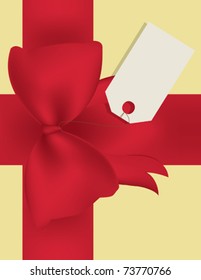 A present with a red ribbon and a gift tag.