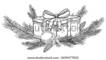 Present with ribbon surrounded fir branches and pine cones. Vector illustration of gift box and spruce twigs and New year candles for holiday Xmas greeting cards or party invitations painted by inks.