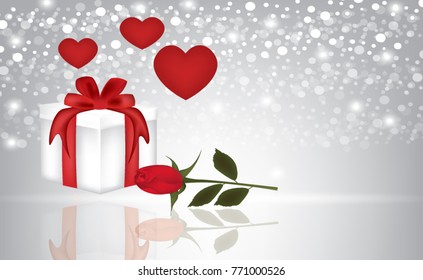 Present, rose and hearts on blurred background, vector