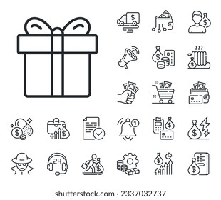 Present or Sale sign. Cash money, loan and mortgage outline icons. Gift box line icon. Birthday Shopping symbol. Package in Gift Wrap. Gift box line sign. Credit card, crypto wallet icon. Vector