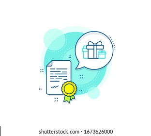 Signo Present o Sale. Icono de complejo de certificación. Icono de línea de cajas de regalo. Símbolo de compras de cumpleaños. Paquete en Envoltura de regalo. Certificado o documento de diploma. Festividad presenta letrero. Vector