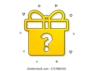 Present or Sale sign. Gift box with Question mark icon. Birthday Shopping symbol. Package in Gift Wrap. Yellow circles pattern. Classic secret gift icon. Geometric elements. Vector