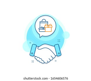 Present or Sale sign. Handshake deal complex icon. Gift boxes with bag line icon. Birthday Shopping symbol. Package in Gift Wrap. Agreement shaking hands banner. Shopping sign. Vector