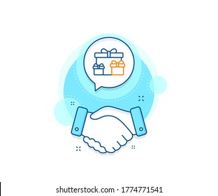 Present or Sale sign. Handshake deal complex icon. Gift boxes line icon. Birthday Shopping symbol. Package in Gift Wrap. Agreement shaking hands banner. Surprise boxes sign. Vector