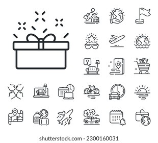 Present or Sale sign. Plane jet, travel map and baggage claim outline icons. Gift box line icon. Birthday Shopping symbol. Package in Gift Wrap. Present box line sign. Vector