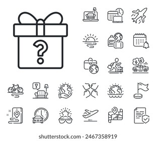 Present or Sale sign. Plane jet, travel map and baggage claim outline icons. Gift box with Question mark line icon. Birthday Shopping symbol. Package in Gift Wrap. Secret gift line sign. Vector