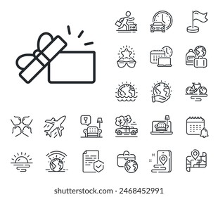 Presente o signo de venta. Avión jet, mapa de viaje e iconos de contorno de Reclamo de equipaje. Icono de línea de caja de regalo abierta. Símbolo de cumpleaños de compras. Paquete en envoltura de regalo. Signo de la línea de regalo abierta. Vector