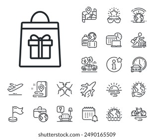 Present or Sale sign. Plane jet, travel map and baggage claim outline icons. Shopping bag with Gift box line icon. Birthday Shopping symbol. Package in Gift Wrap. Holidays shopping line sign. Vector