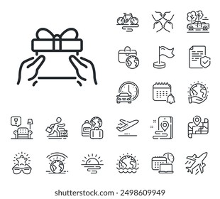 Present or Sale sign. Plane jet, travel map and baggage claim outline icons. Give a Gift box line icon. Birthday Shopping symbol. Package in Gift Wrap. Give present line sign. Vector