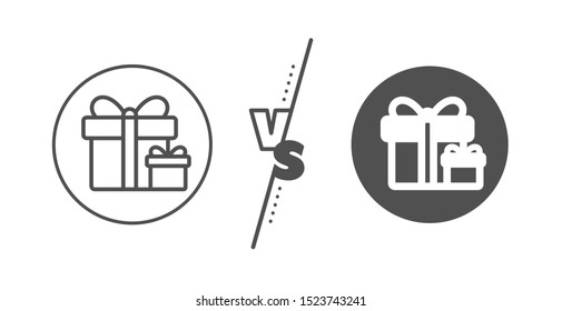 Present or Sale sign. Versus concept. Gift boxes line icon. Birthday Shopping symbol. Package in Gift Wrap. Line vs classic surprise package icon. Vector