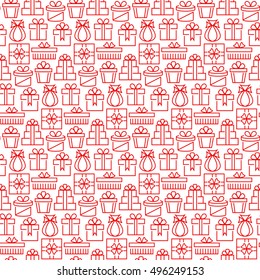 Present seamless pattern in thin line style. Vector illustration