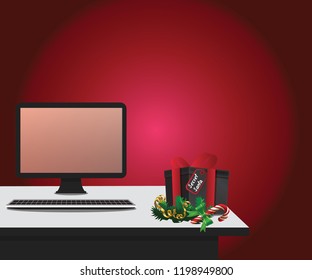 Present from secret santa on workplace. Office celebration concept. Secret Santa background with spotlight.  EPS 10 vector illustration.