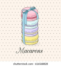 Conjunto actual de macarones de diferentes sabores y colores unidos con una cinta. Ilustración vectorial dibujada a mano sobre el fondo de la polka luminosa de estilo vintage.