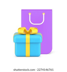 Present shopping bag gift box holiday festive celebration sale discount 3d icon realistic vector illustration. Surprise wrapped container with bow greeting sale discount commercial special offer