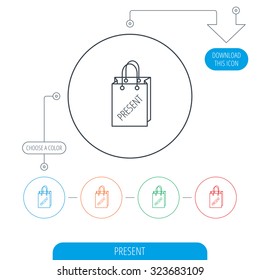Present shopping bag icon. Gift handbag sign. Line circle buttons. Download arrow symbol. Vector