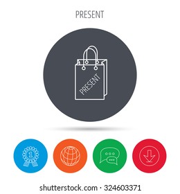 Present shopping bag icon. Gift handbag sign. Globe, download and speech bubble buttons. Winner award symbol. Vector