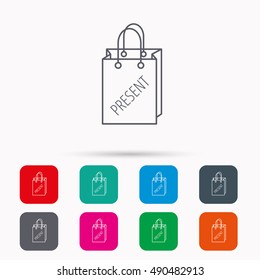 Present shopping bag icon. Gift handbag sign.