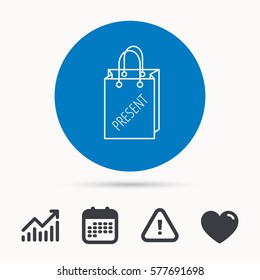 Present shopping bag icon. Gift handbag sign. Calendar, attention sign and growth chart. Button with web icon. Vector